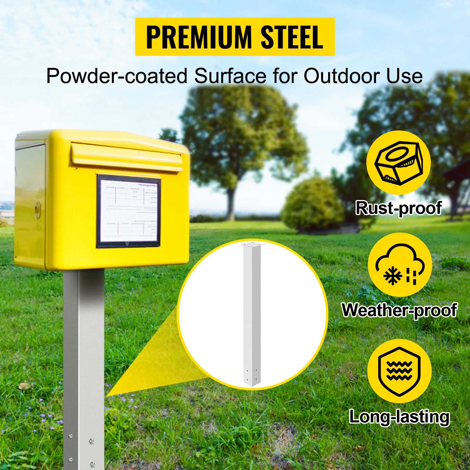 yellow VEVOR mailbox post on green field, showcasing rust-proof and weather-proof features.