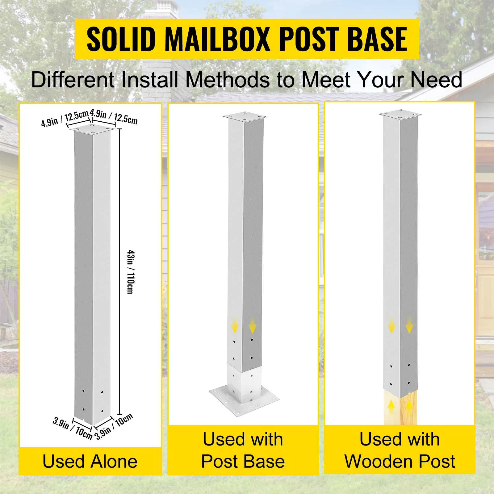 VEVOR mailbox post with different install methods: used alone, with base, or wooden post.