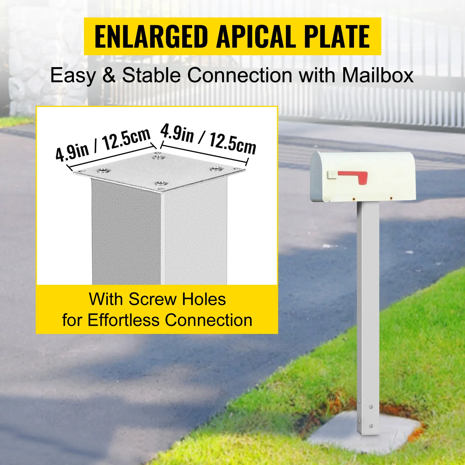 VEVOR mailbox post with enlarged apical plate and screw holes for easy connection.