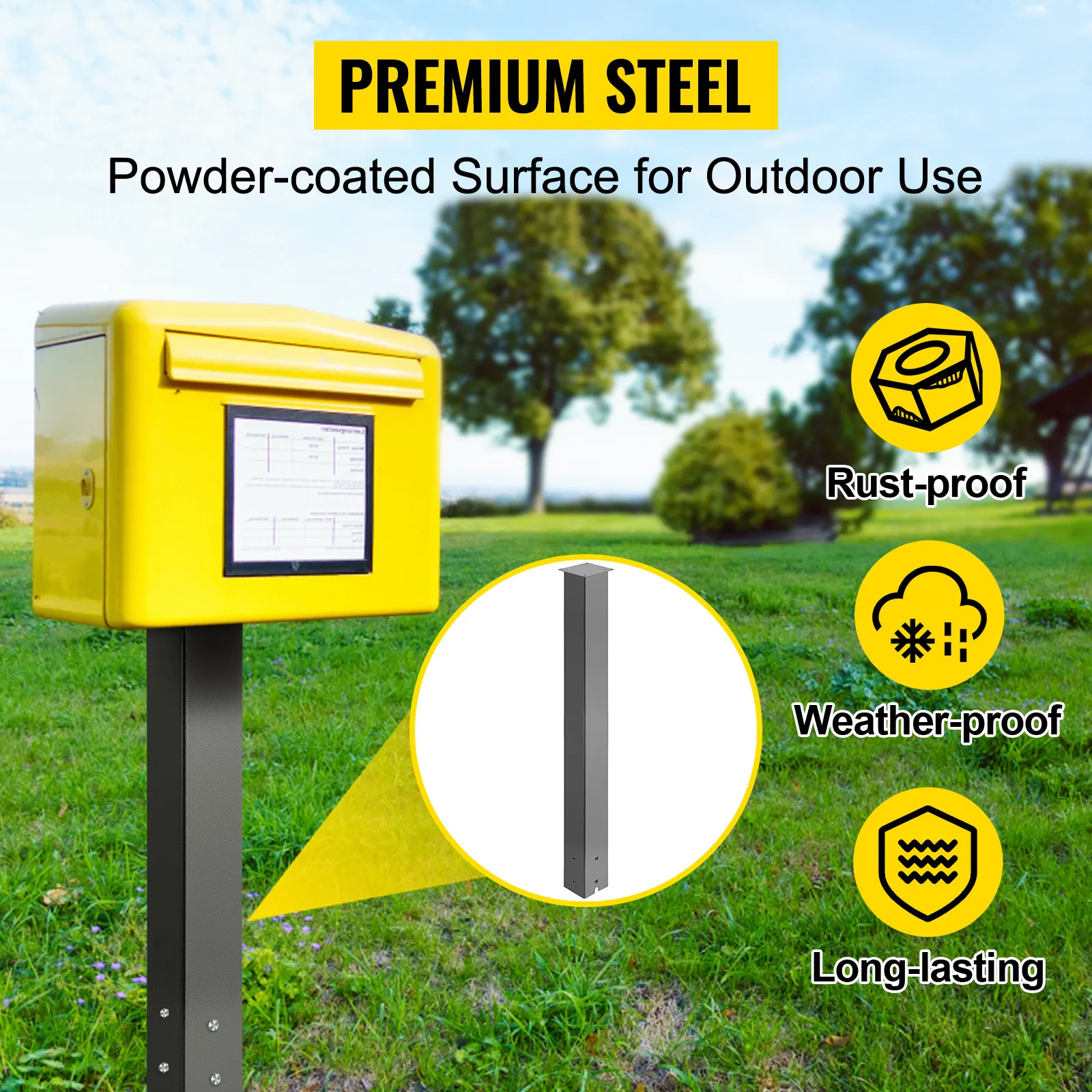yellow mailbox with VEVOR mailbox post, rust-proof, weather-proof, and long-lasting.