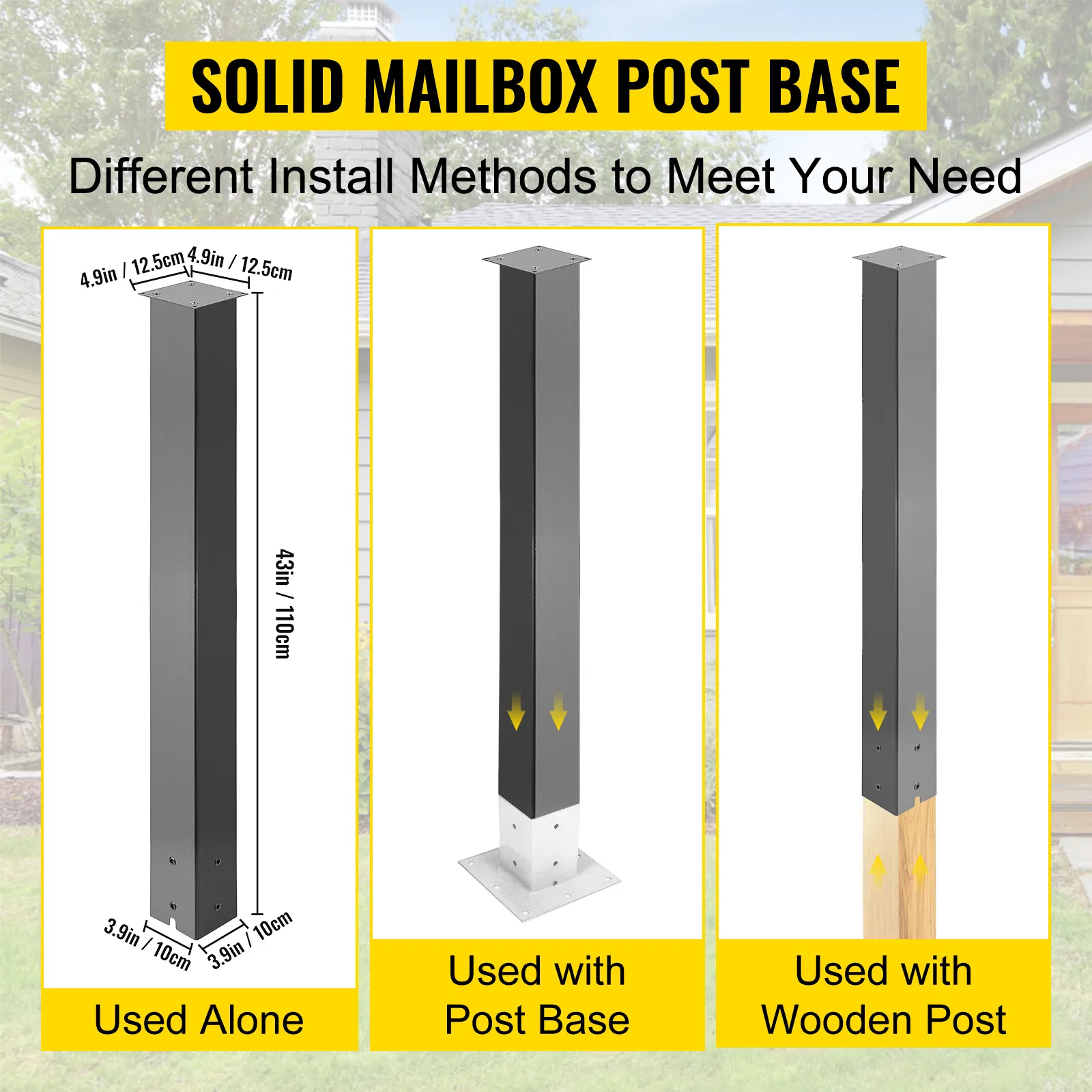 VEVOR mailbox post base installation options: used alone, with post base, or wooden post.
