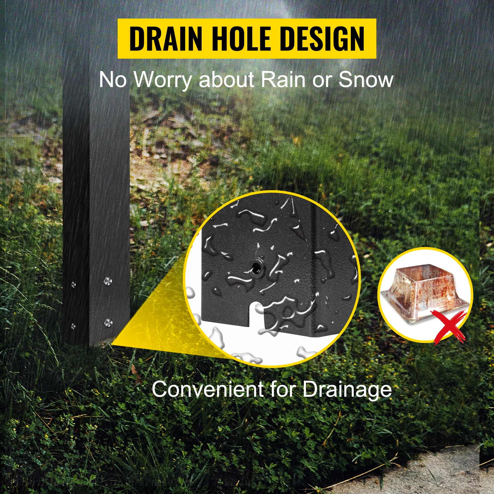VEVOR mailbox post with drain hole design, prevents water accumulation.