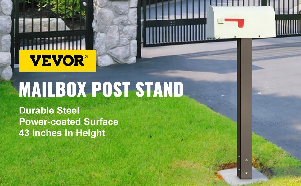 VEVOR mailbox post standing on a lush green lawn near a stone and metal gate.