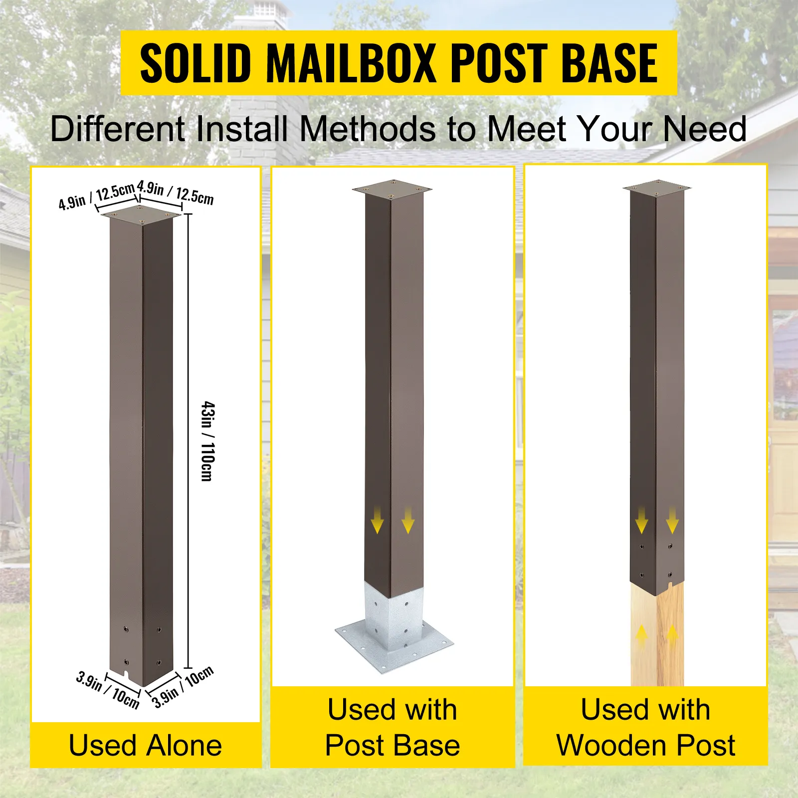 VEVOR mailbox post base installed alone, with post base, or with wooden post.