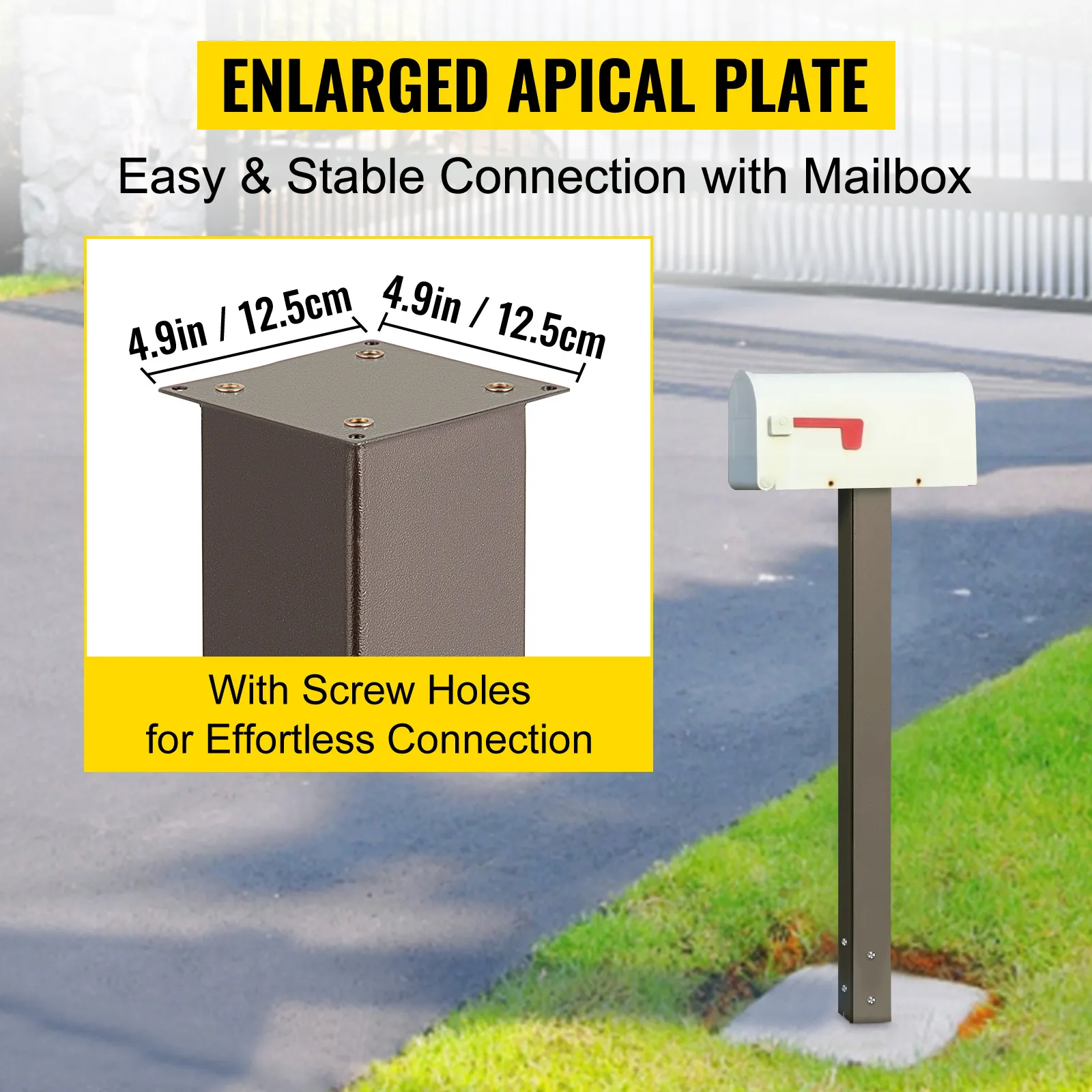 VEVOR mailbox post with enlarged apical plate and screw holes for easy installation.