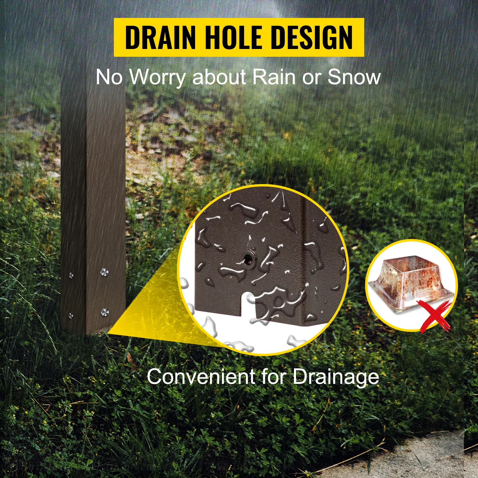 VEVOR mailbox post with drain hole design for rain and snow protection.