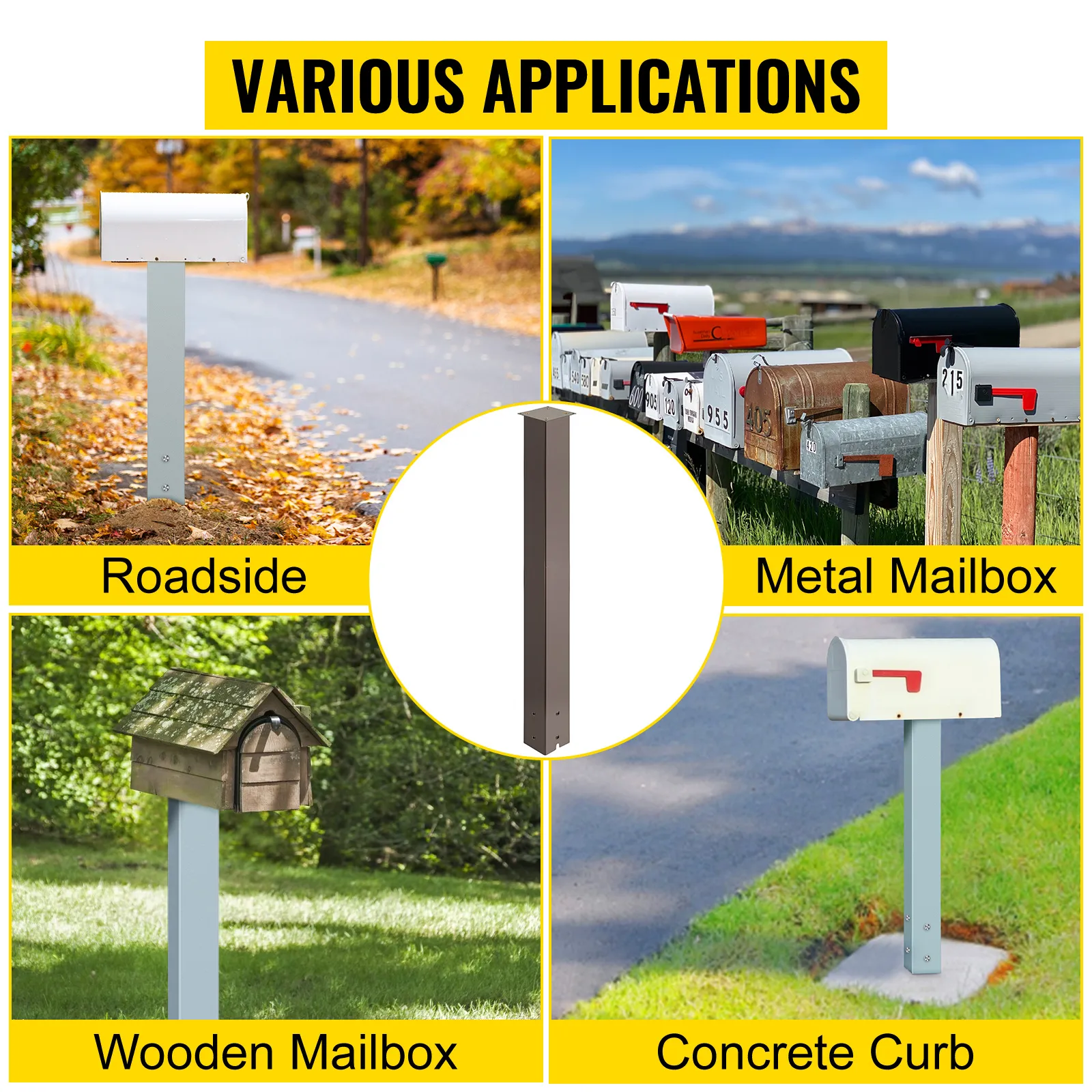 VEVOR mailbox post applications: roadside, metal mailbox, wooden mailbox, concrete curb.