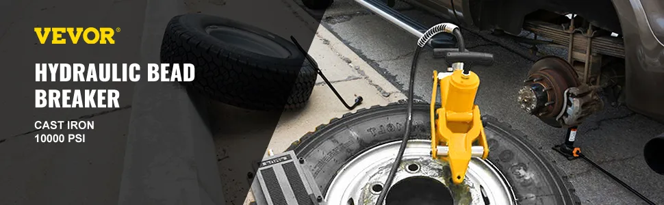 Destalonador VEVOR, de hierro fundido, 10 000 psi, en uso en un neumático de automóvil para mantenimiento de ruedas.