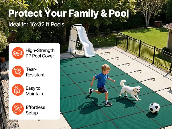 VEVOR pool safety cover on a modern house's inground pool with patio furniture.