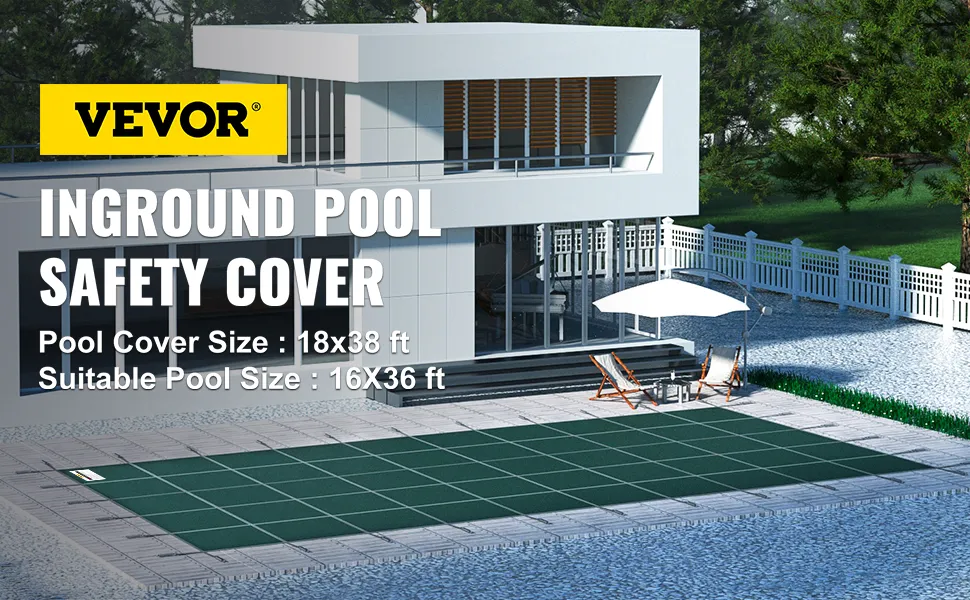 modern house with VEVOR pool safety cover over an inground pool, patio furniture nearby.