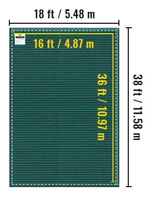 VEVOR pool safety cover, 16x36 ft with 18x38 ft total dimensions and green material.