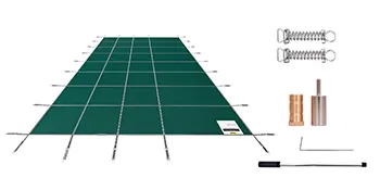 VEVOR pool safety cover with installation tools and hardware.