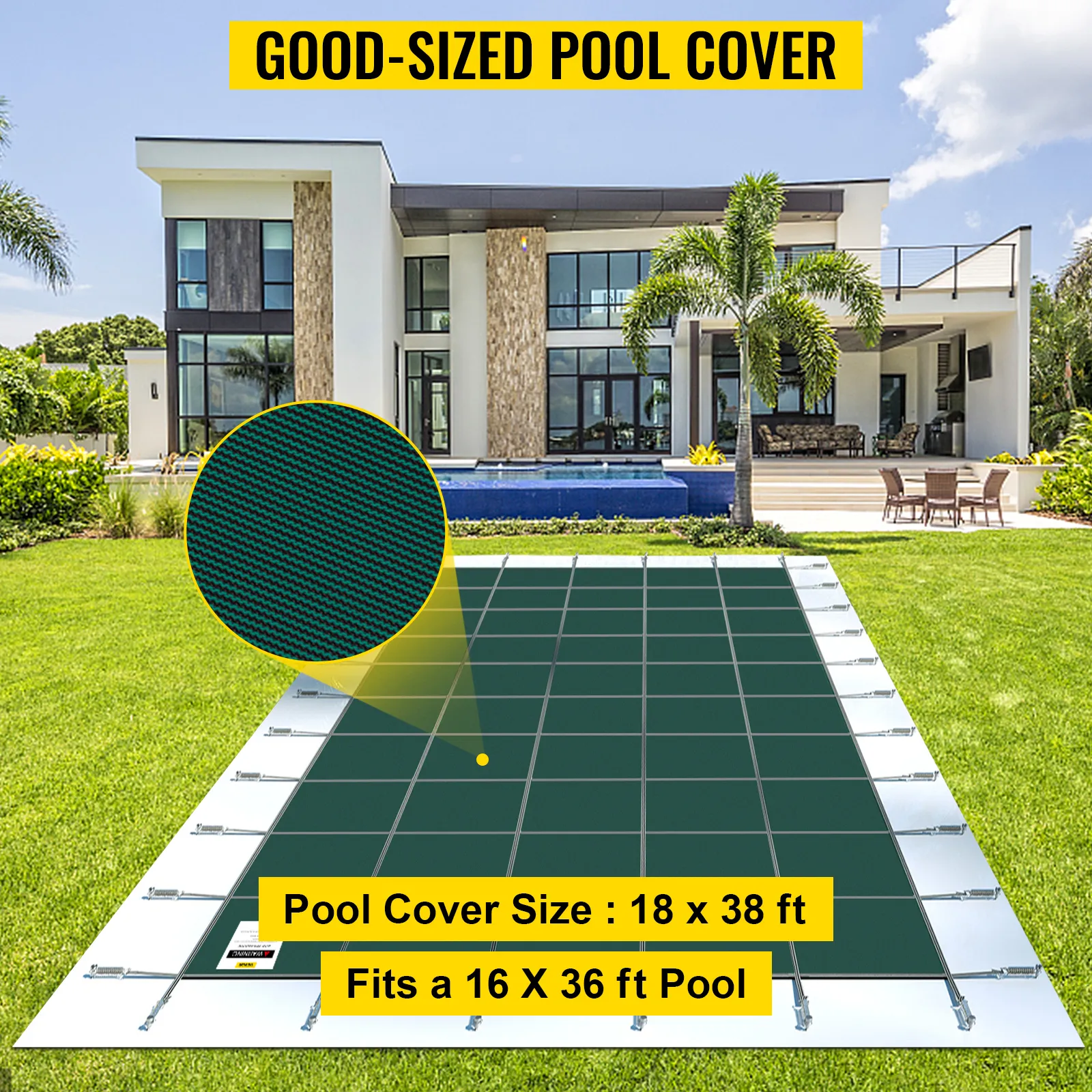 VEVOR pool safety cover over a large pool in a modern backyard. size 18x38 ft.