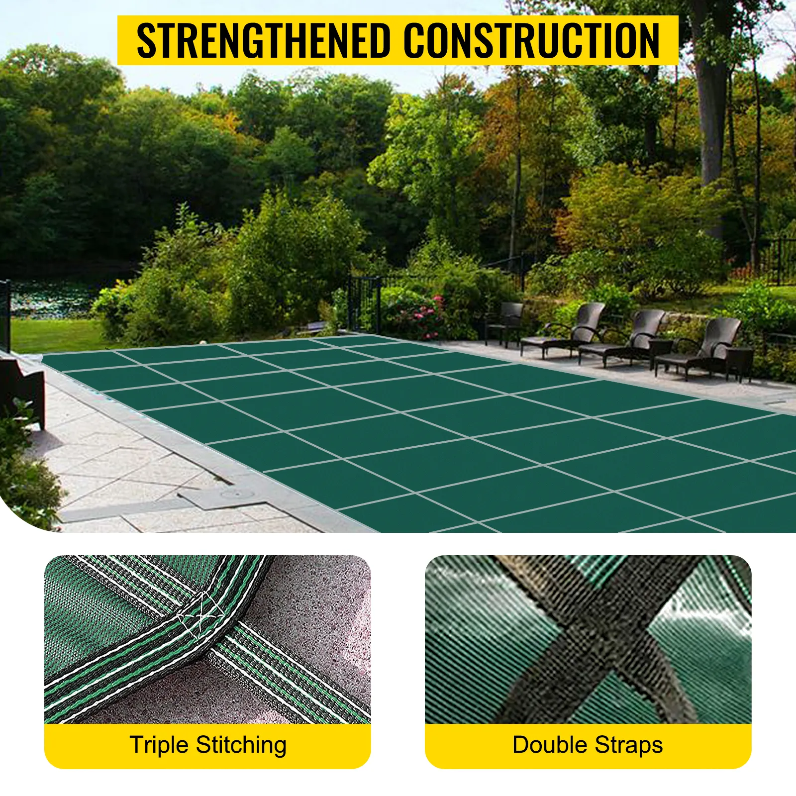 VEVOR pool safety cover showcasing triple stitching and double straps for strengthened construction.
