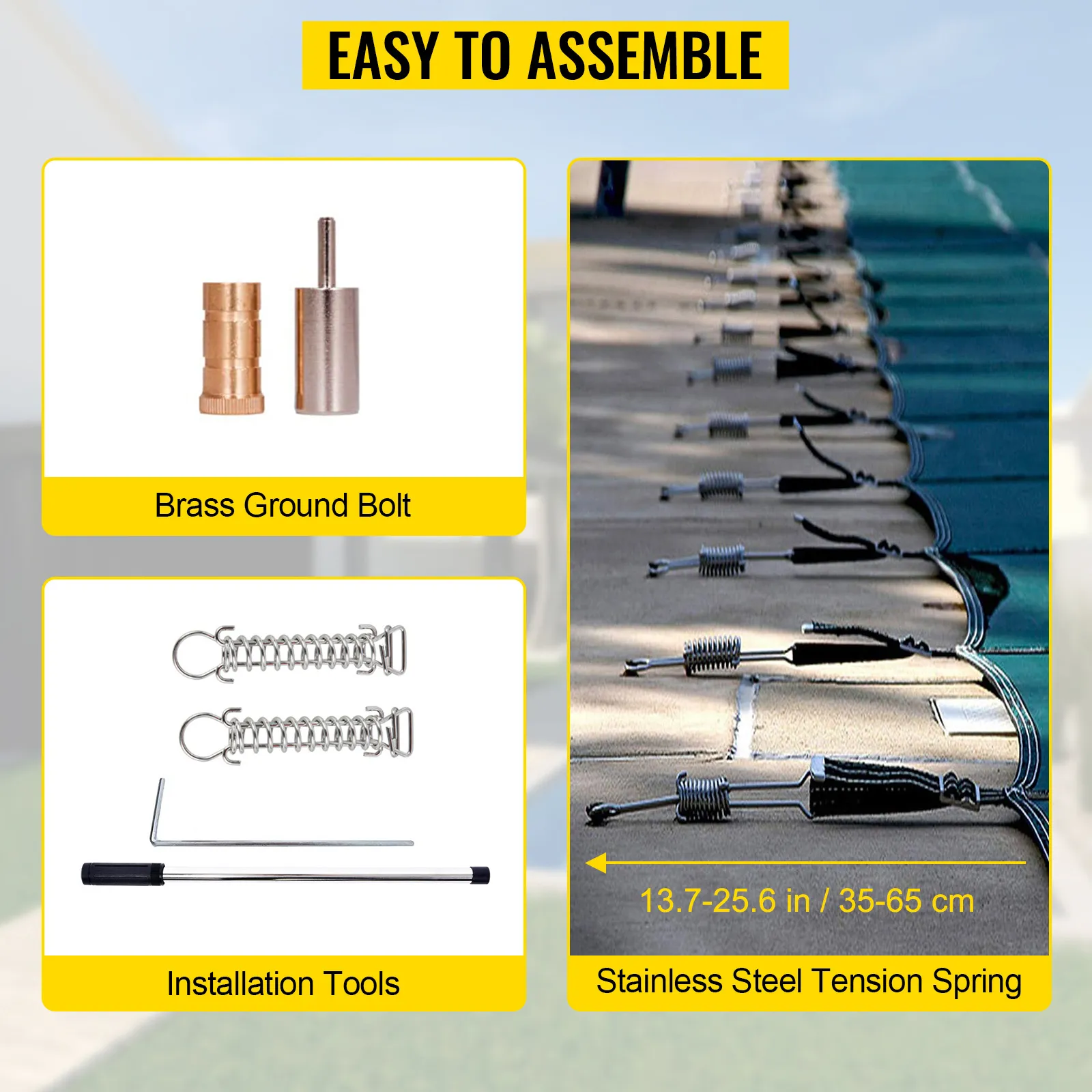 VEVOR pool safety cover with brass ground bolts and stainless steel tension springs.