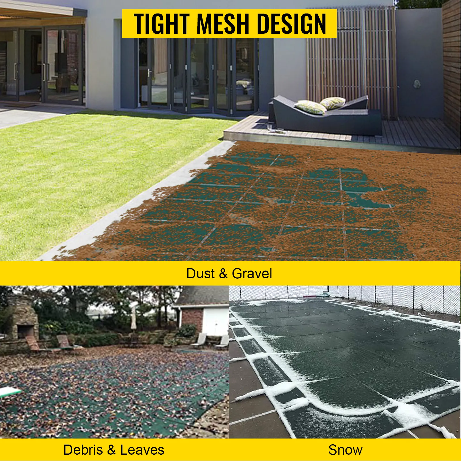 VEVOR pool safety cover with tight mesh design for dust, debris, and snow.