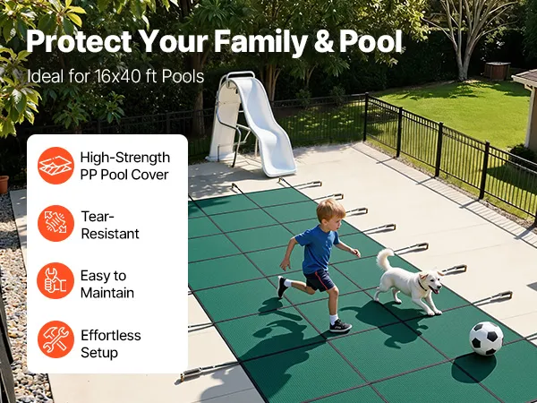 VEVOR-Pool-Sicherheitsabdeckung über modernem Einbaupool mit Terrassenmöbeln.