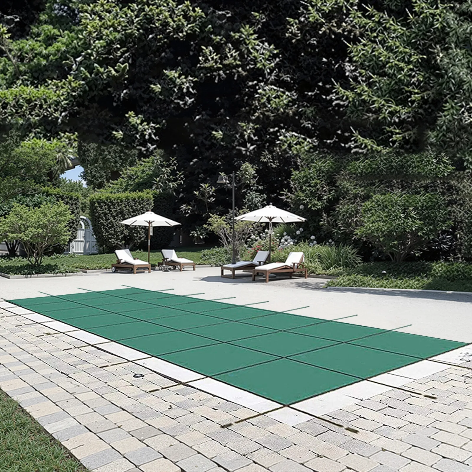 Cubierta de seguridad para piscina VEVOR con hardware de instalación mostrado.
