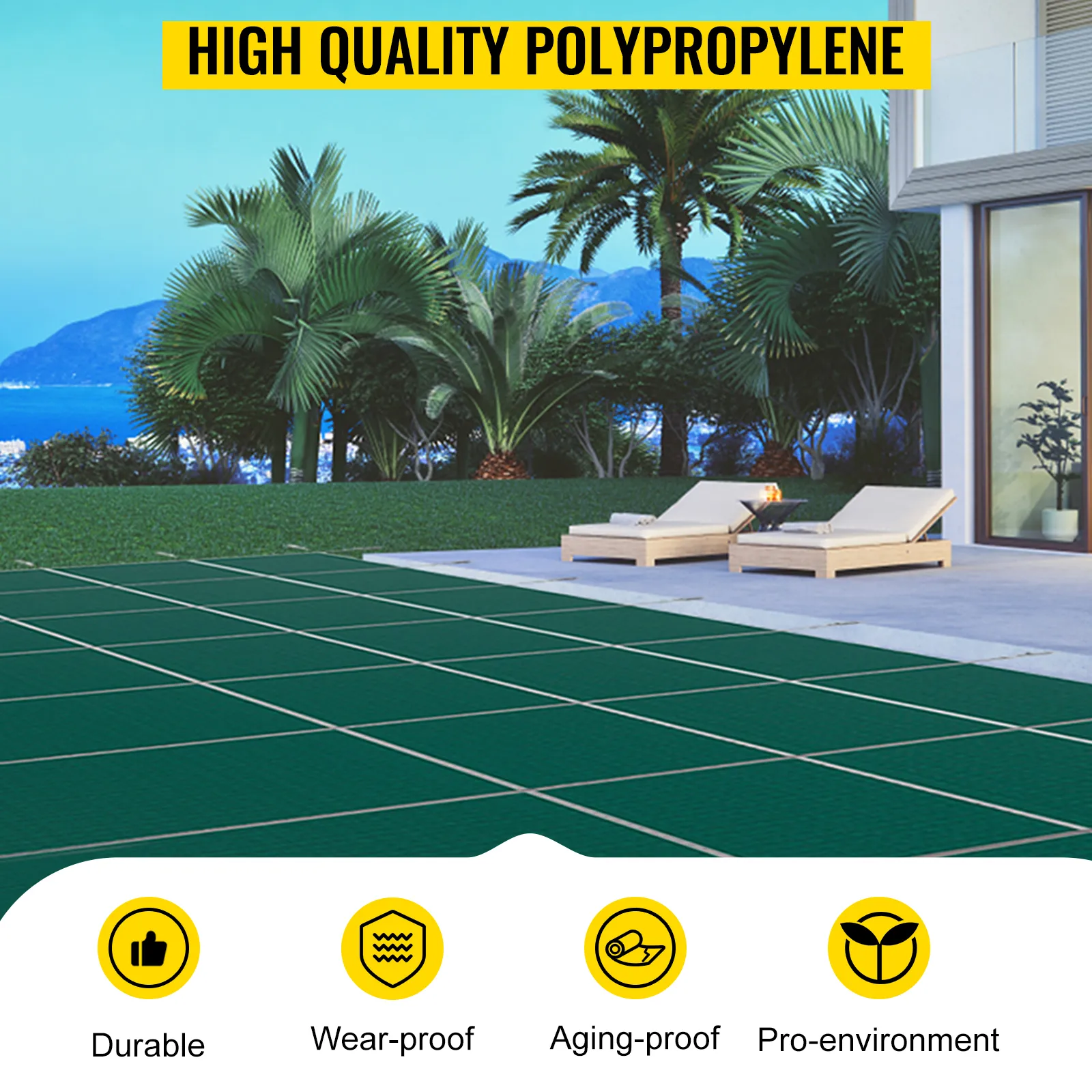 Cubierta de seguridad para piscina VEVOR con polipropileno de alta calidad en un entorno de patio tropical.