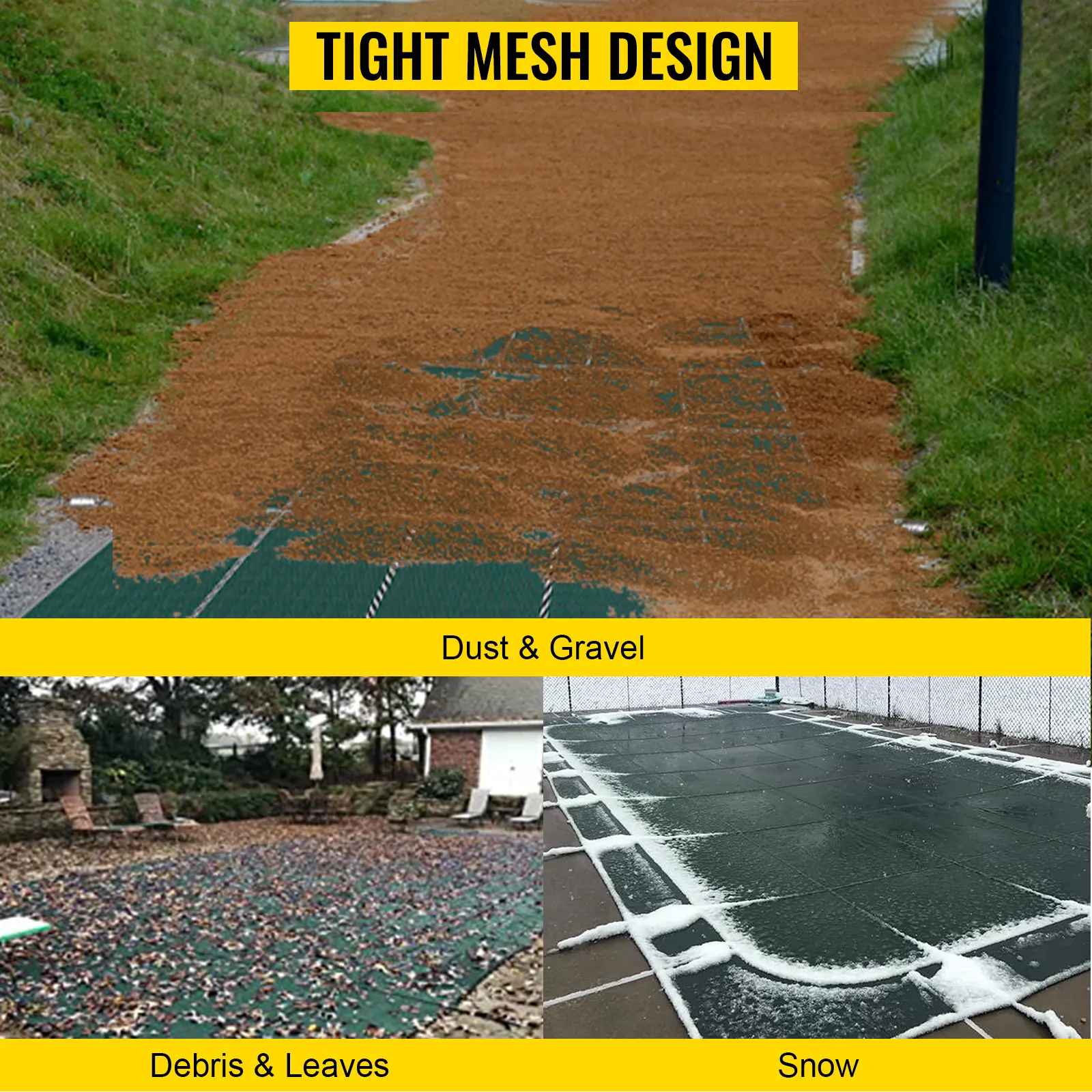 Cubierta de seguridad para piscina VEVOR que protege contra polvo, grava, escombros, hojas y nieve.