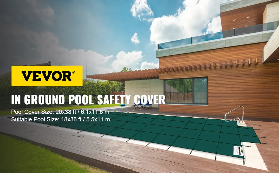 VEVOR pool safety cover on modern house with wooden deck and glass balcony.