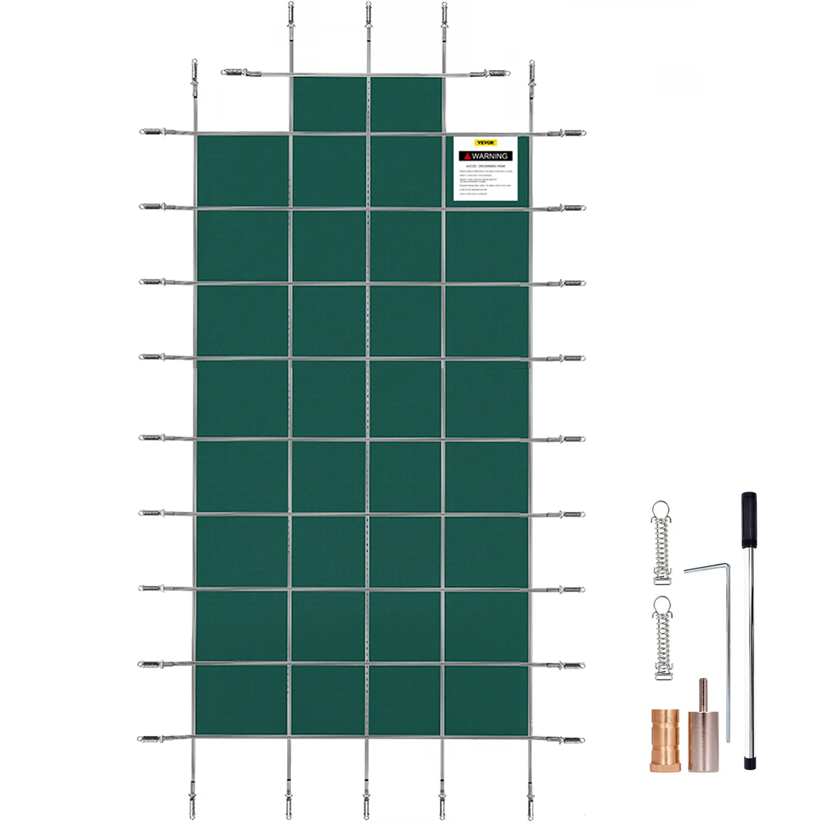 VEVOR pool safety cover in green with installation kit and warning label.