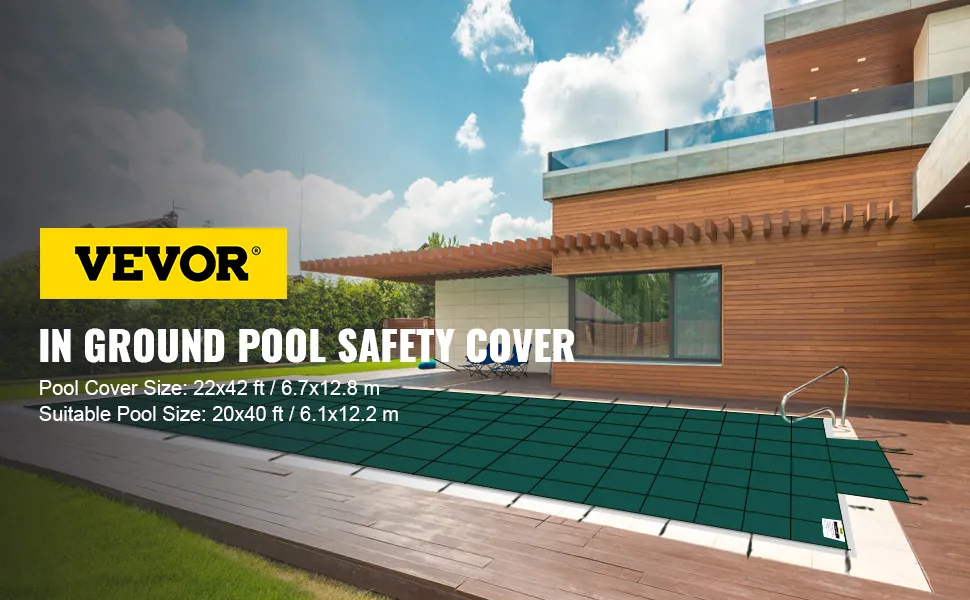 VEVOR pool safety cover over an inground pool beside a modern wooden house.
