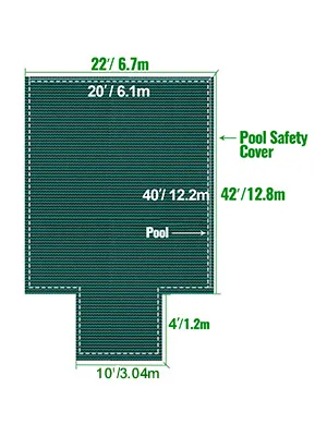 Afmetingen van de VEVOR-zwembadveiligheidsafdekking: 40'/12,2 m lang, 22'/6,7 m breed, 42'/12,8 m hoog.