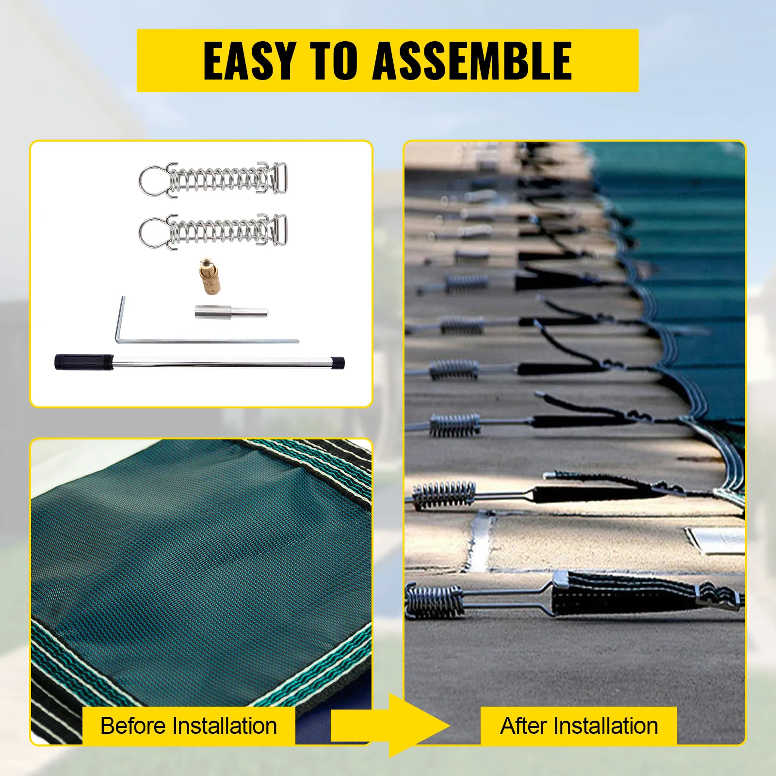 VEVOR pool safety cover, easy installation with accessories, before and after setup.