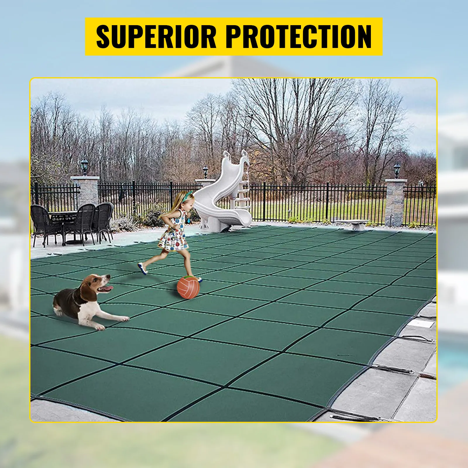 VEVOR pool safety cover providing superior protection with secure green cover.