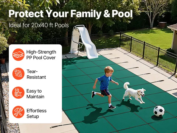 modern house with VEVOR pool safety cover installed, clear skies, and wooden deck.