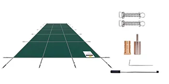 green VEVOR pool safety cover with springs, tools, and installation hardware.