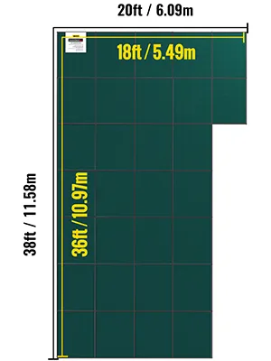 Cubierta de seguridad para piscina enterrada VEVOR, dimensiones 20 pies x 38 pies, verde, configuración en forma de L con medidas etiquetadas.
