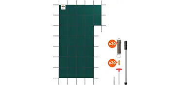 Cubierta de seguridad para piscina enterrada VEVOR verde con accesorios de instalación, incluidos resortes, anclajes y una varilla.