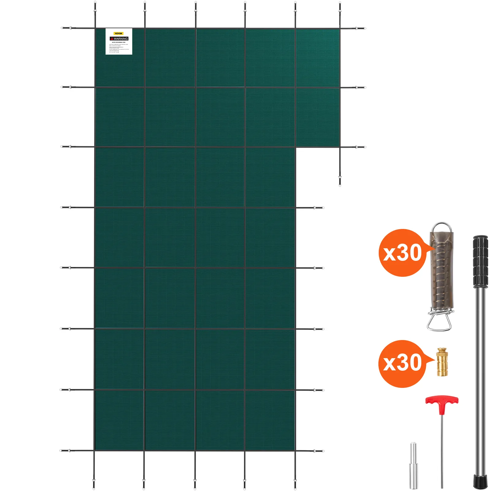 Cubierta de seguridad para piscina enterrada VEVOR con herramientas y hardware de instalación, verde con líneas de cuadrícula negras.