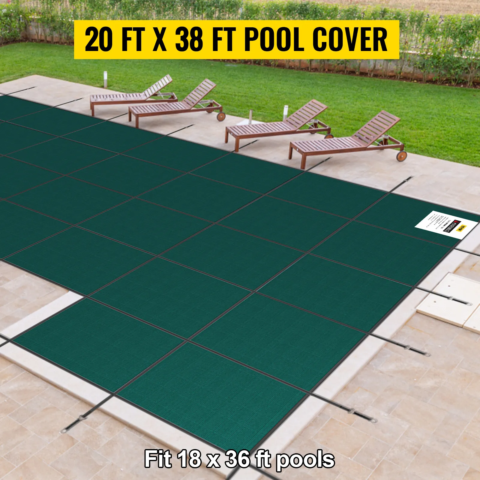 Cubierta de seguridad para piscinas enterradas VEVOR, 20 pies x 38 pies, se adapta a piscinas de 18 x 36 pies con tumbonas en el fondo.
