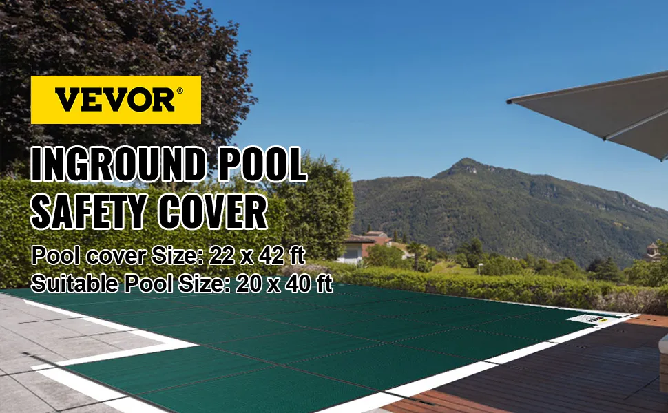 VEVOR pool safety cover for inground pools, 22 x 42 ft, fits 20 x 40 ft pool, outdoor setting.