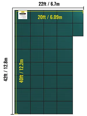 VEVOR pool safety cover dimensions: 22ft x 42ft with a 20ft x 40ft pool cover area, green grid layout.