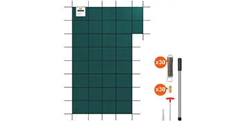 VEVOR pool safety cover with installation tools, anchors, and springs for secure and protective covering.