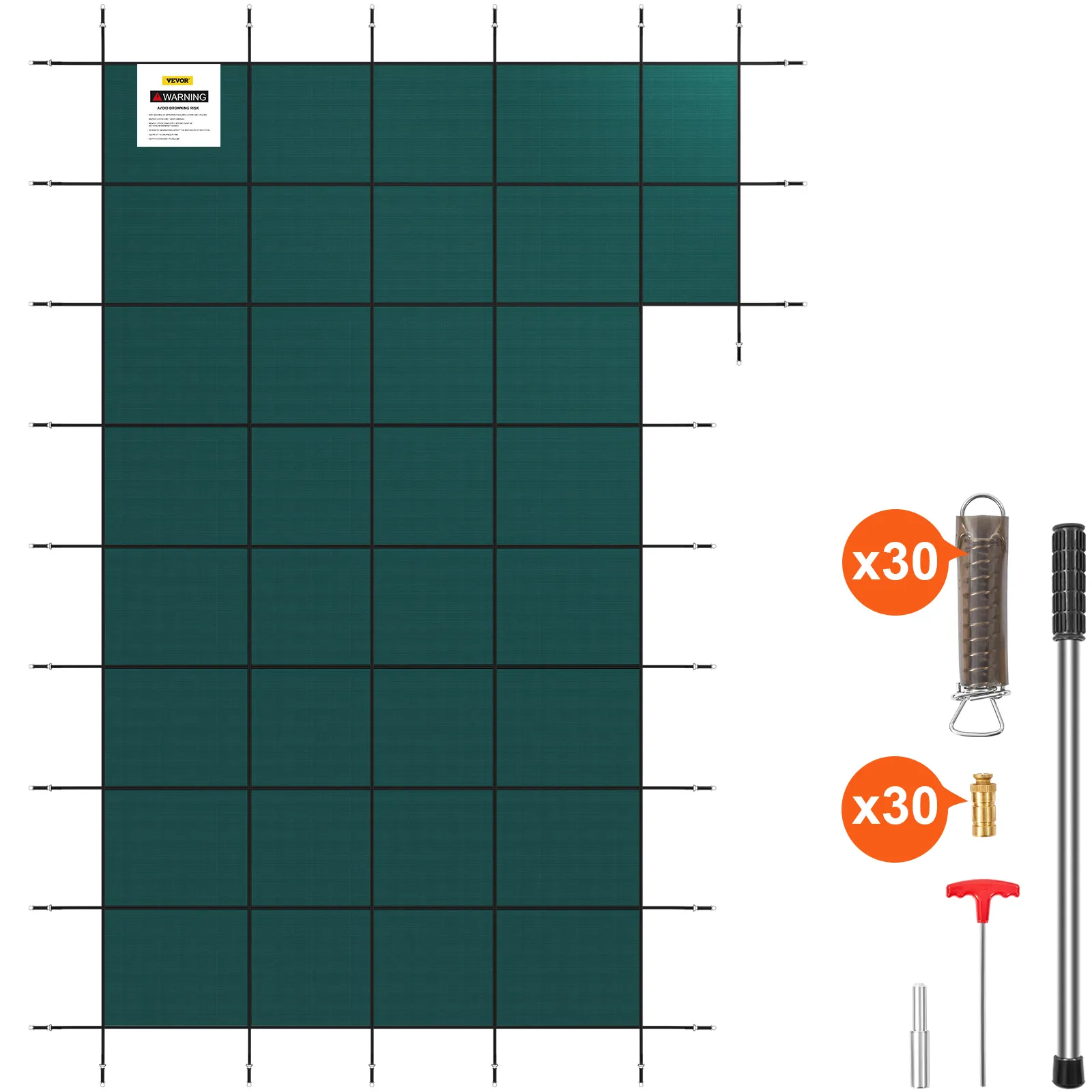 VEVOR pool safety cover with green grid design, installation tools, springs, and anchors included.
