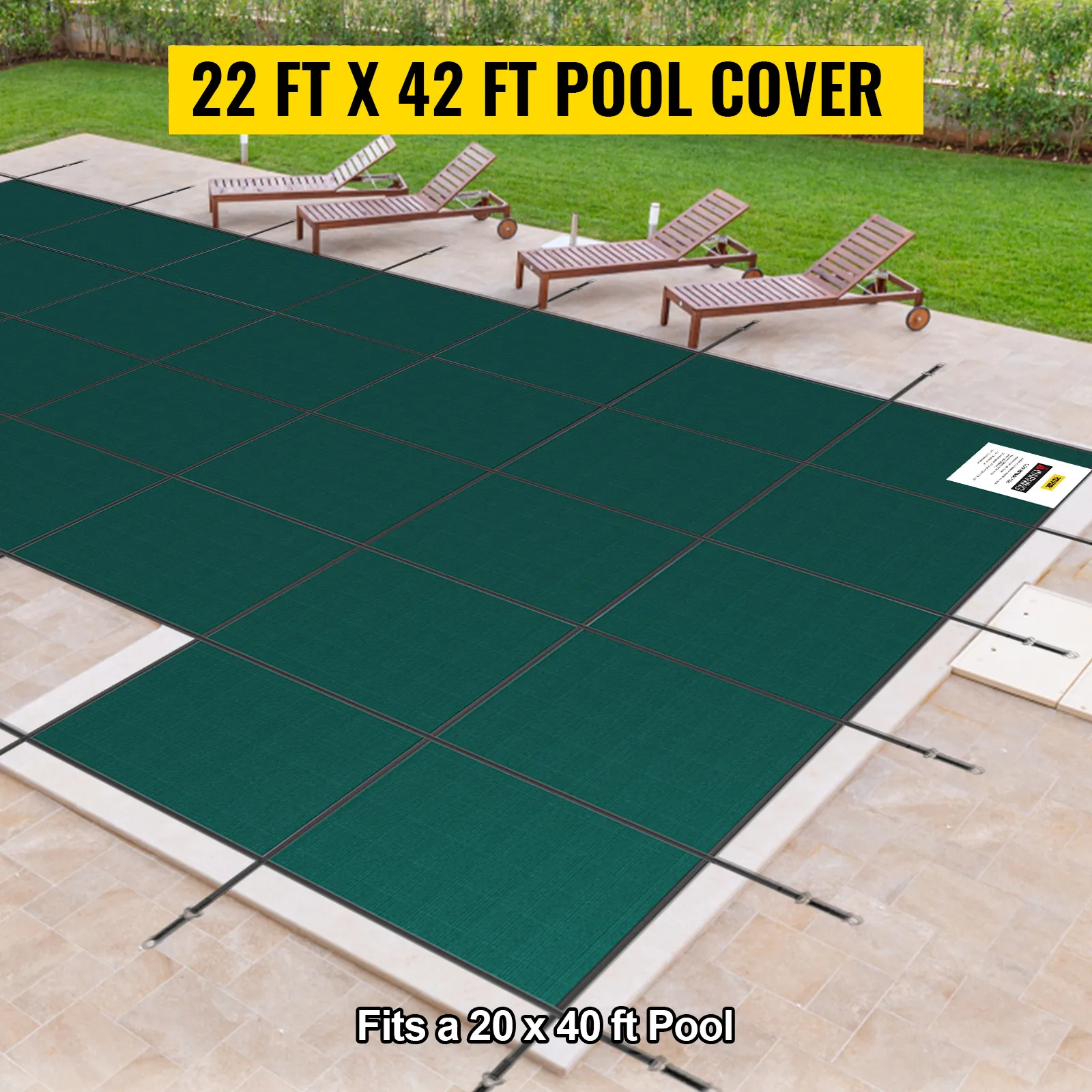 VEVOR pool safety cover: green 22ft x 42ft pool cover with loungers nearby, fits 20ft x 40ft pool.