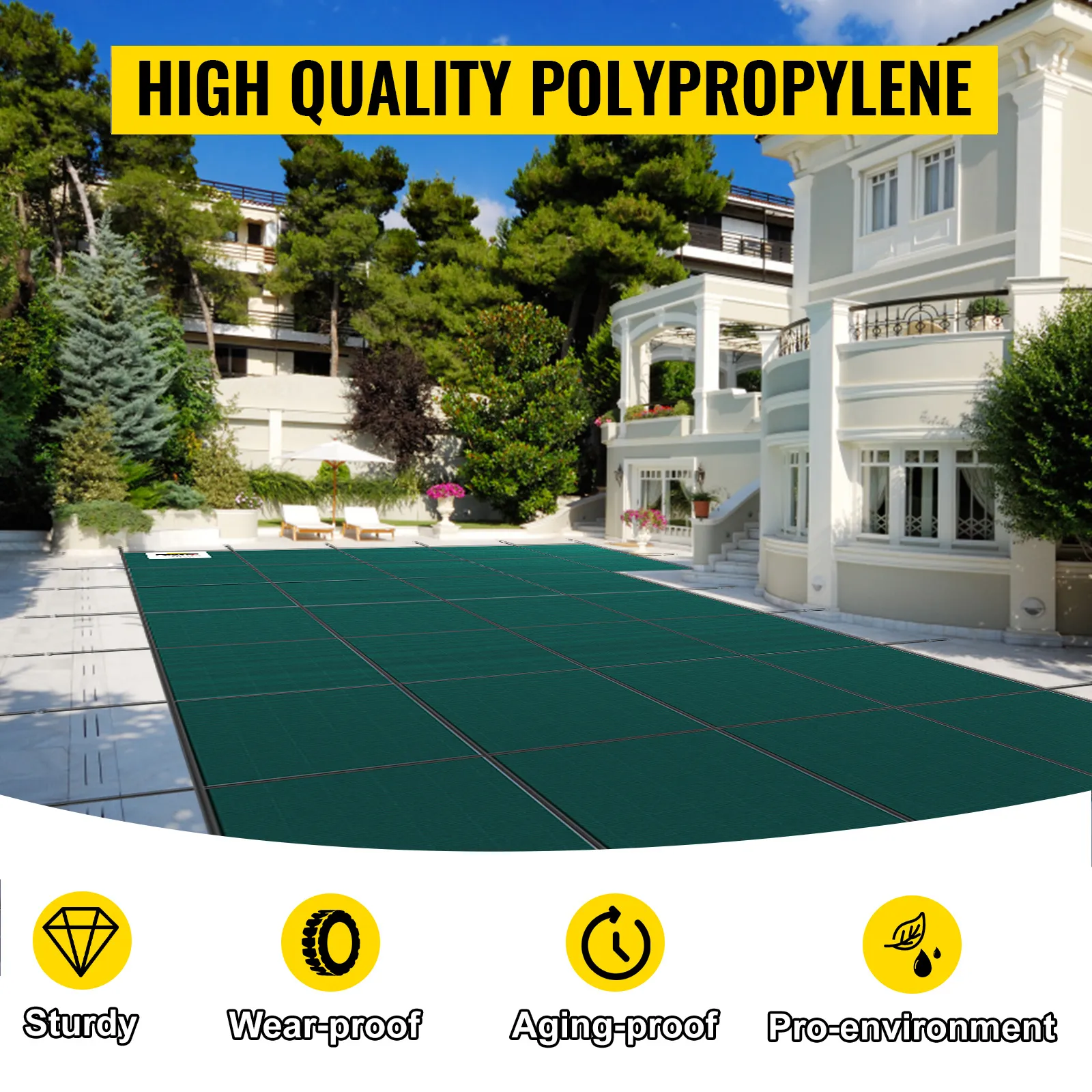 VEVOR pool safety cover on a large outdoor pool, surrounded by a luxurious villa and green trees.