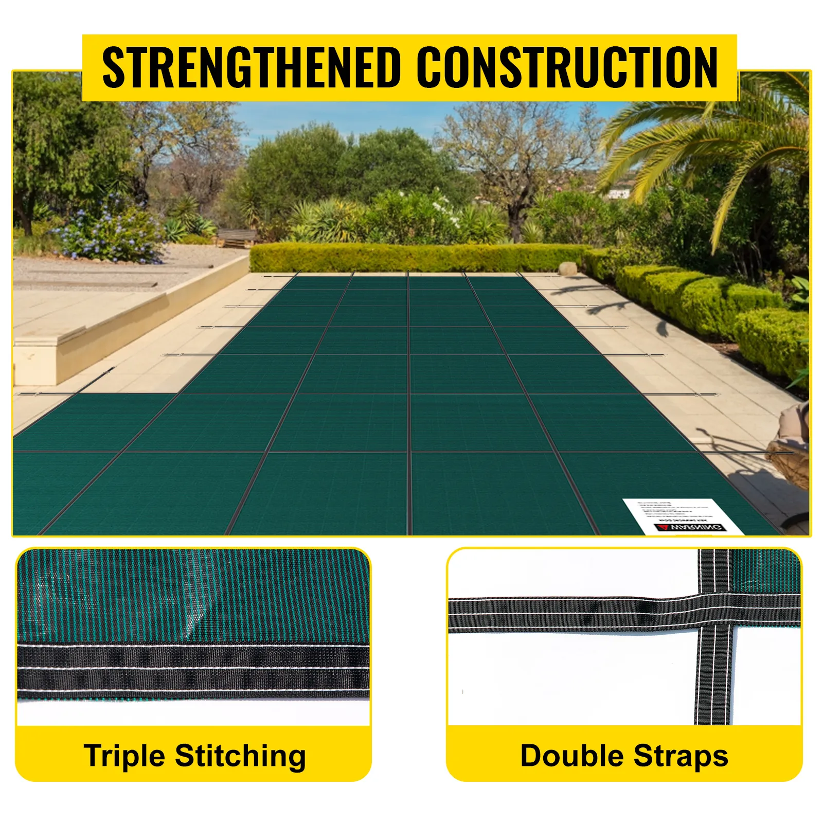 VEVOR pool safety cover with strengthened construction, featuring triple stitching and double straps.