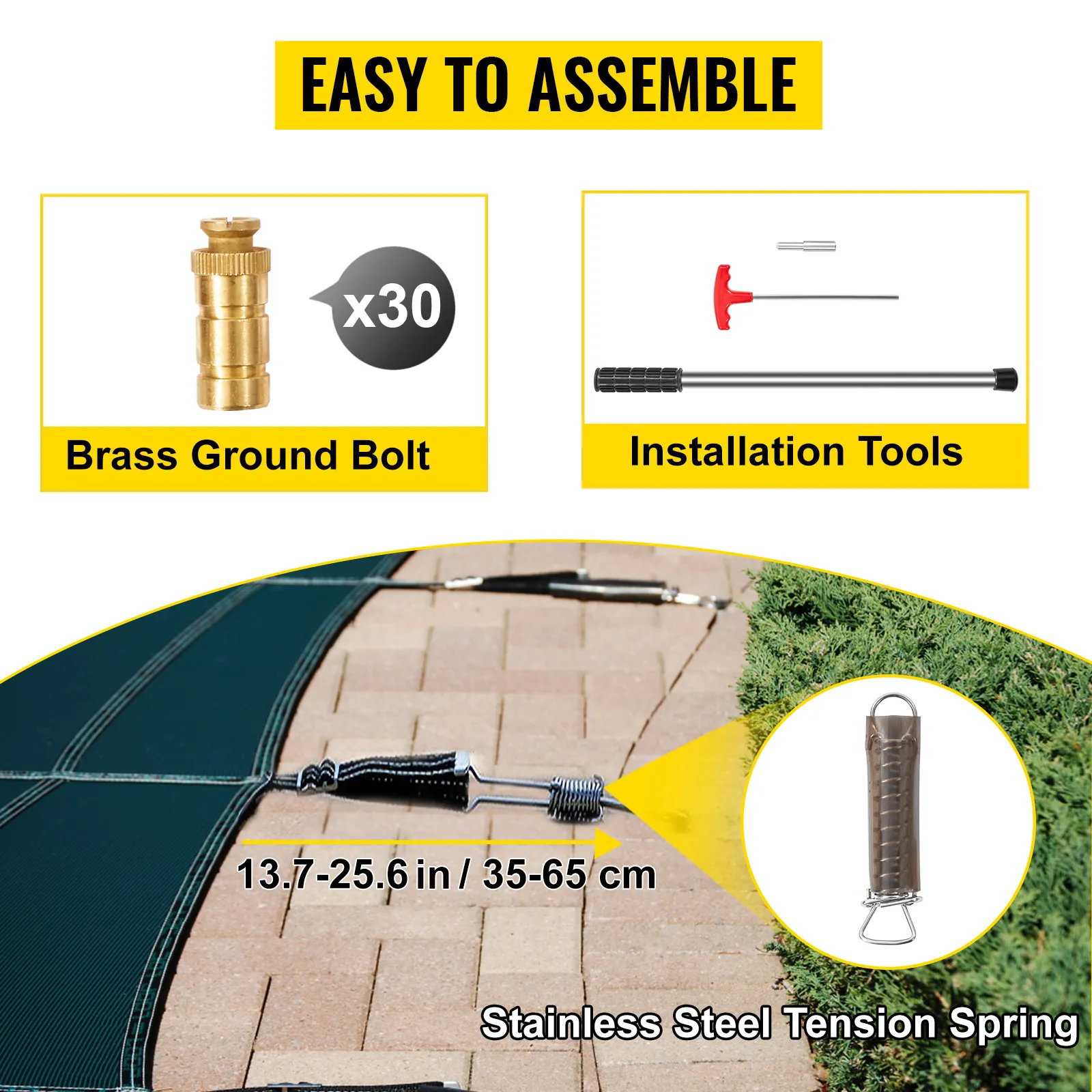 VEVOR pool safety cover with brass ground bolts, installation tools, and stainless steel tension spring.