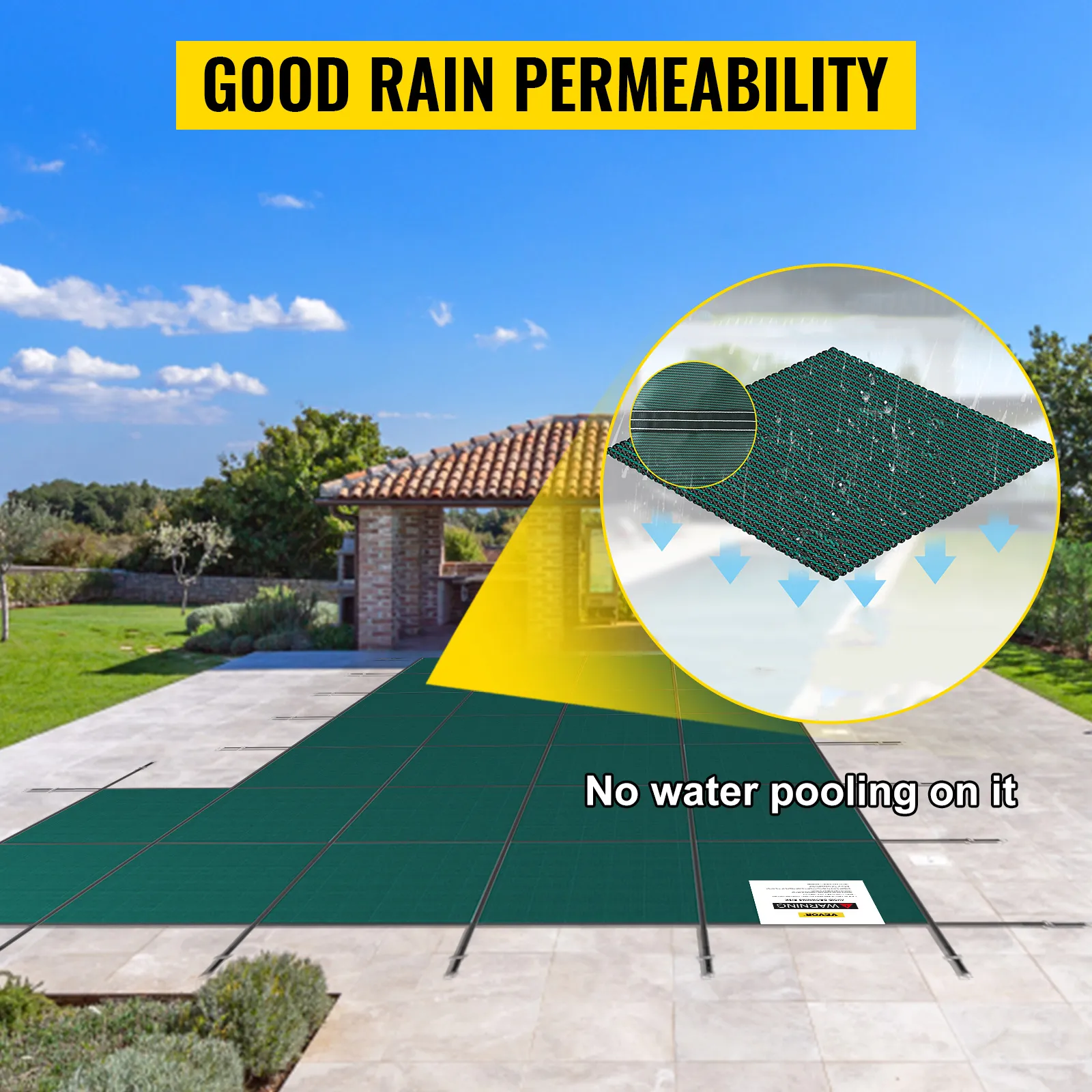 VEVOR pool safety cover demonstrating good rain permeability with no water pooling on it.