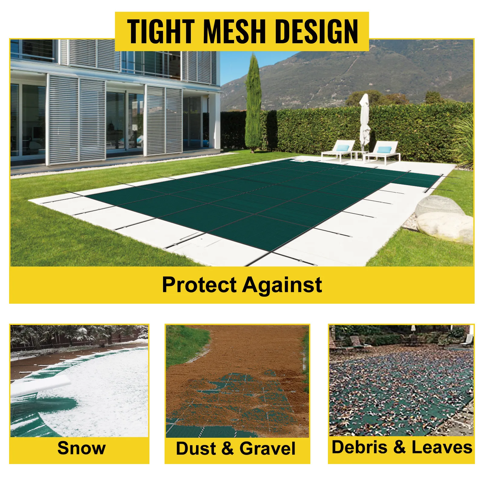 VEVOR pool safety cover protecting pool from snow, dust, gravel, debris, and leaves with tight mesh design.