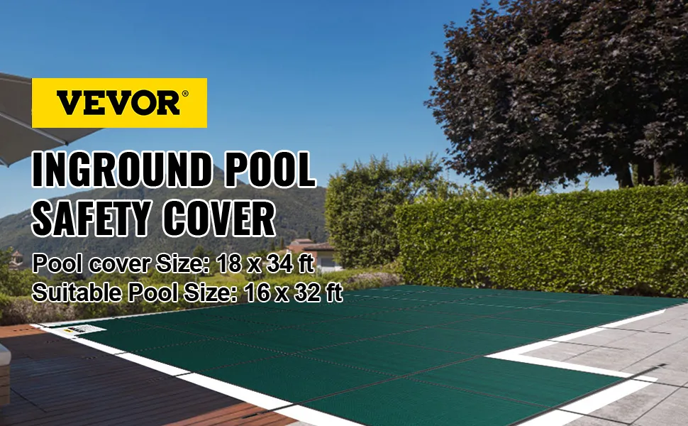 VEVOR pool safety cover for inground pools, 18 x 34 ft, suitable for pools 16 x 32 ft, outdoors.