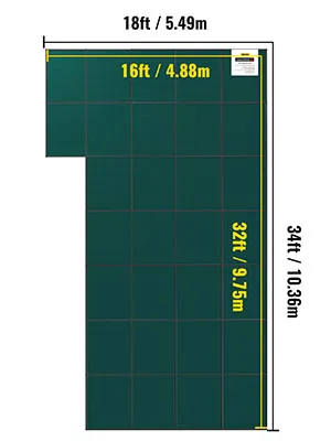 green rectangular VEVOR pool safety cover with dimensions labeled 18ft x 34ft and 16ft x 32ft.