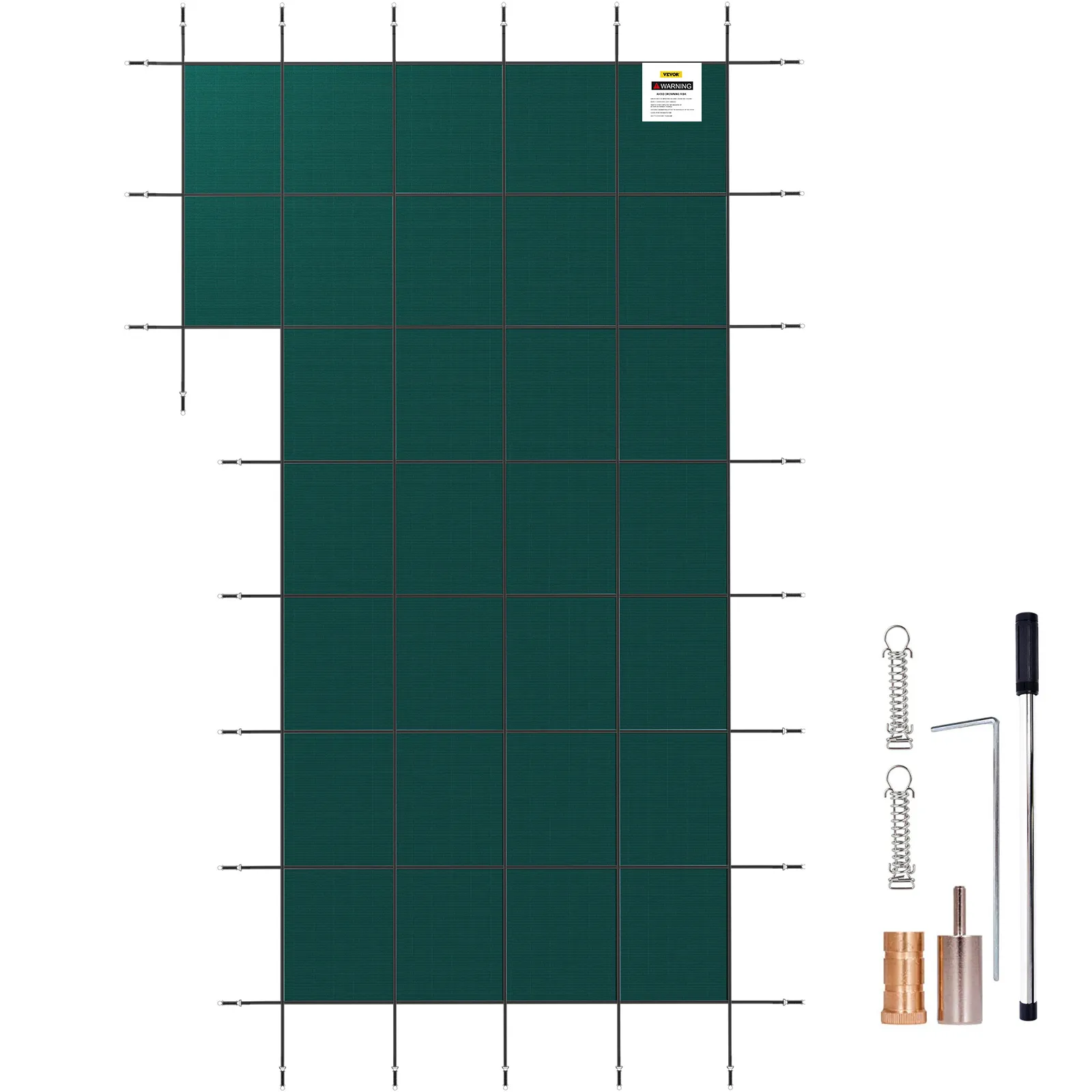 green VEVOR pool safety cover with installation tools and hardware set.