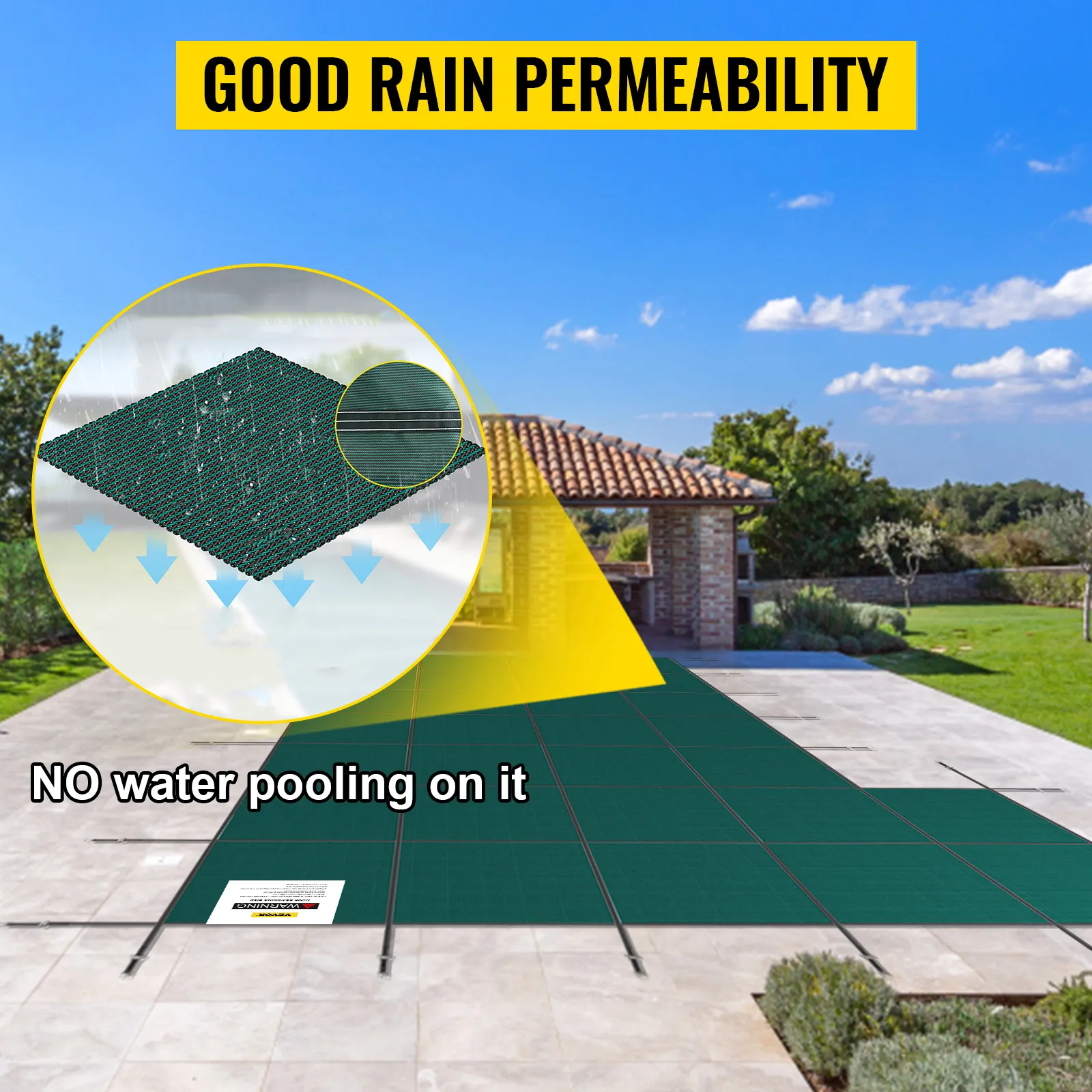 VEVOR pool safety cover with good rain permeability and no water pooling on it.